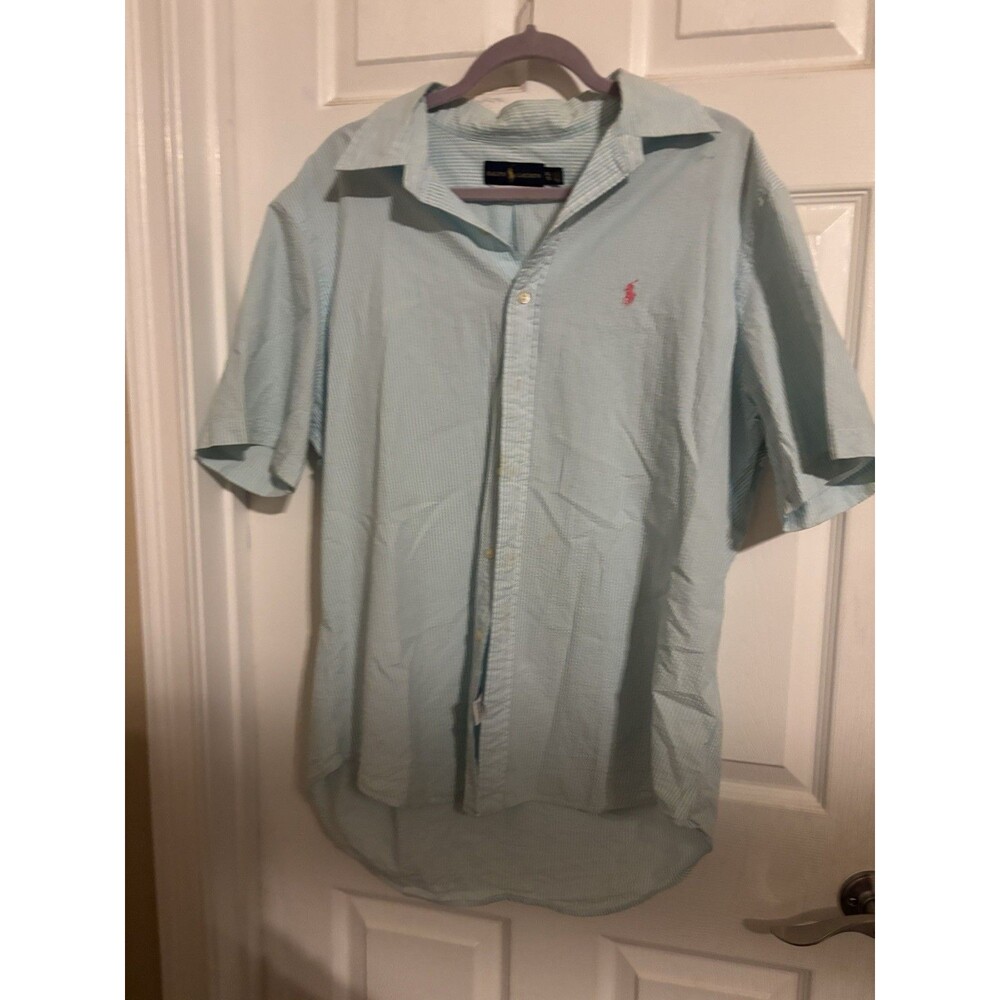Ralph Lauren Shirt Mens XL Aqua Blue Seersucker Striped Short Sleeve Button Up